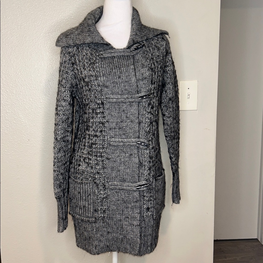 LOFT Gray Cable Knit Cardigan Sweater Dress Shawl Collar Double Breasted Small - Picture 6 of 8
